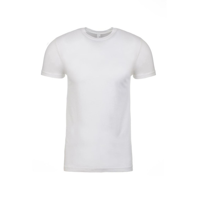 A white crew neck t-shirt with short sleeves. The shirt has a branding logo on it.
