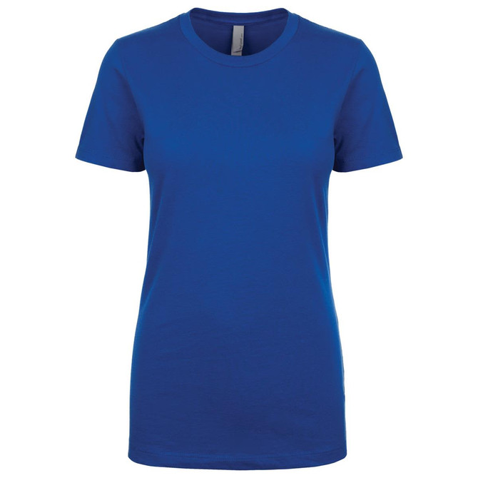 A blue women's boyfriend tee, featuring a classic crew neck and short sleeves, with a logo on the label.