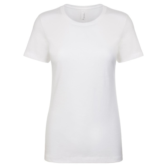 A white women's boyfriend tee with a round neck and short sleeves. The shirt features a logo.