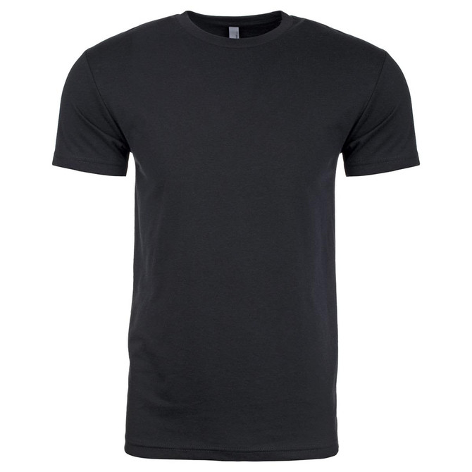 A black men's CVC crew t-shirt with short sleeves and a simple design, featuring a logo on the label.