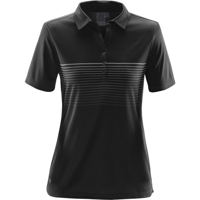 A black women's polo shirt featuring a striped pattern on the front and a logo on the side.