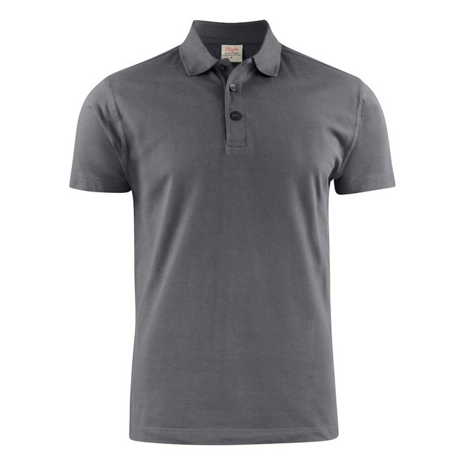 A grey men's cotton polo shirt with a collar, three buttons, and a small logo on the chest.