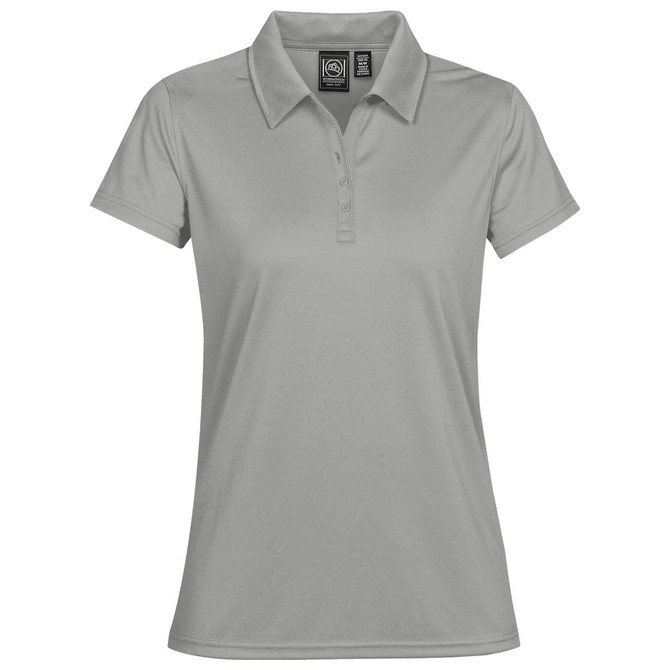 A light grey women's polo shirt featuring a collar and a logo. It has a classic fit and short sleeves.