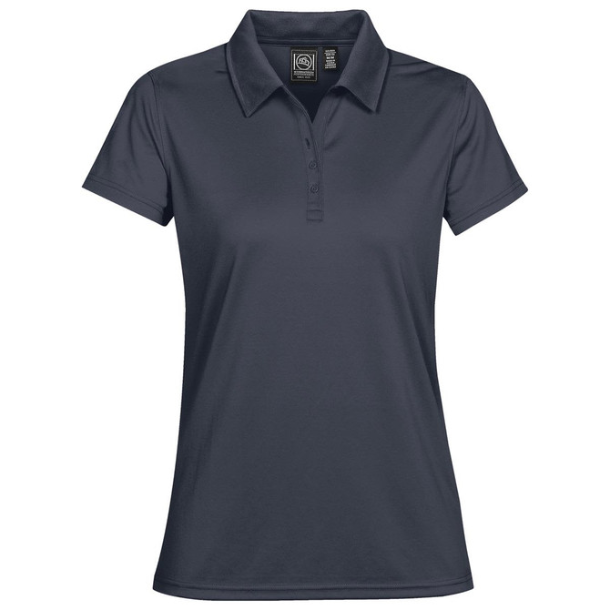 A women's polo shirt in a dark navy colour, featuring a classic collar and button placket. It has a logo on the label.