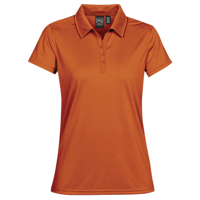 An orange women's polo shirt featuring a collar and button placket, has a logo on the label.