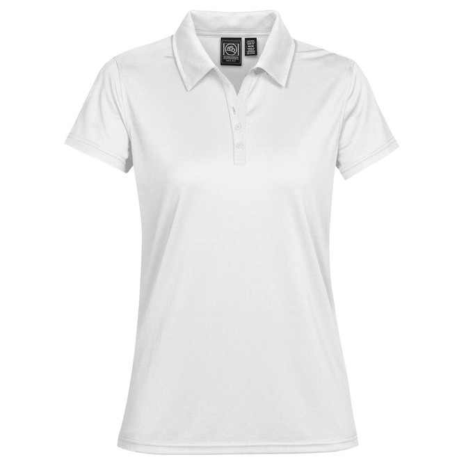 A white women's polo shirt featuring a classic collar and a logo on the chest.