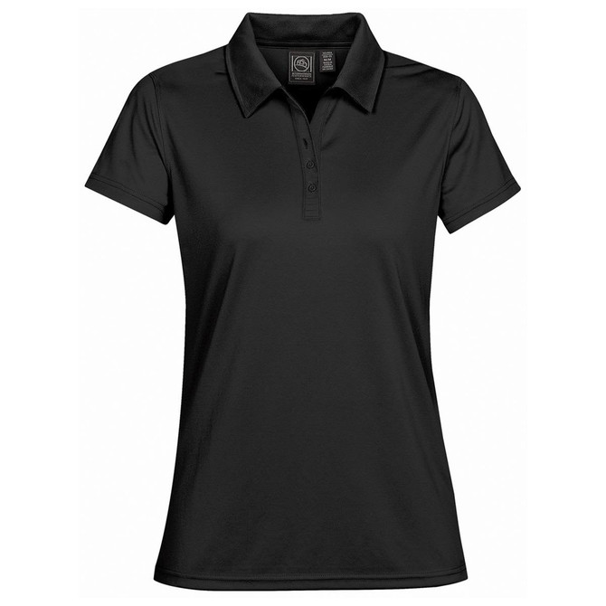 A black women's polo shirt with a collar, short sleeves, and a front placket. It features a logo on the label.