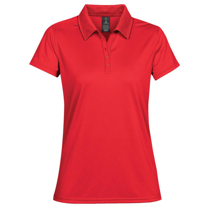 A red women's polo shirt featuring a collar and short sleeves, with a logo present.