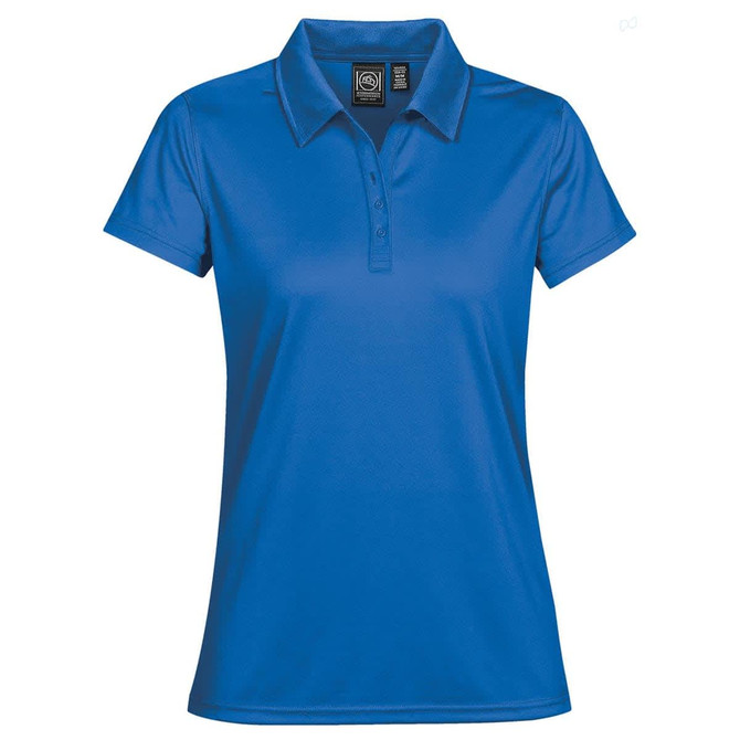 A blue women's polo shirt with a collared neck and short sleeves, featuring a logo on the front.