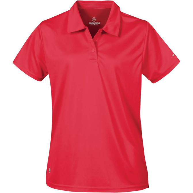 A red women's polo shirt featuring a collar and short sleeves, with a logo present on the design.
