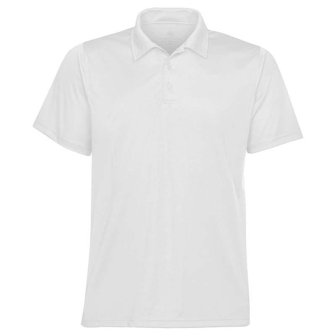 A white polo shirt with a collar and buttons, featuring a logo on the chest.