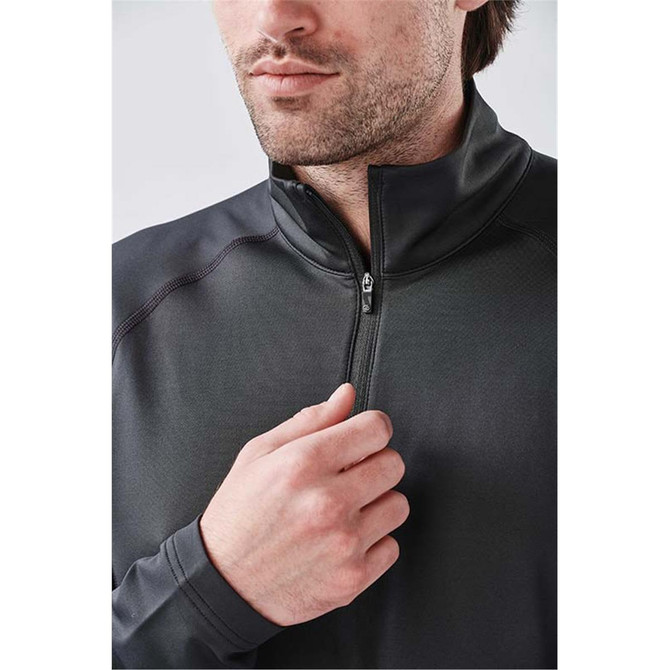 A Men's Augusta 1/4 Zip Long Sleeve shirt in black, featuring a quarter zip and a fitted design.