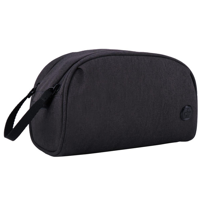 A dark grey toiletry bag with a sleek design and side handle, featuring a logo on the front.