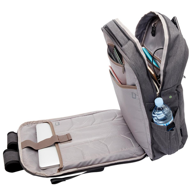 A grey laptop backpack with multiple compartments, a drink bottle, and a padded section for a laptop.