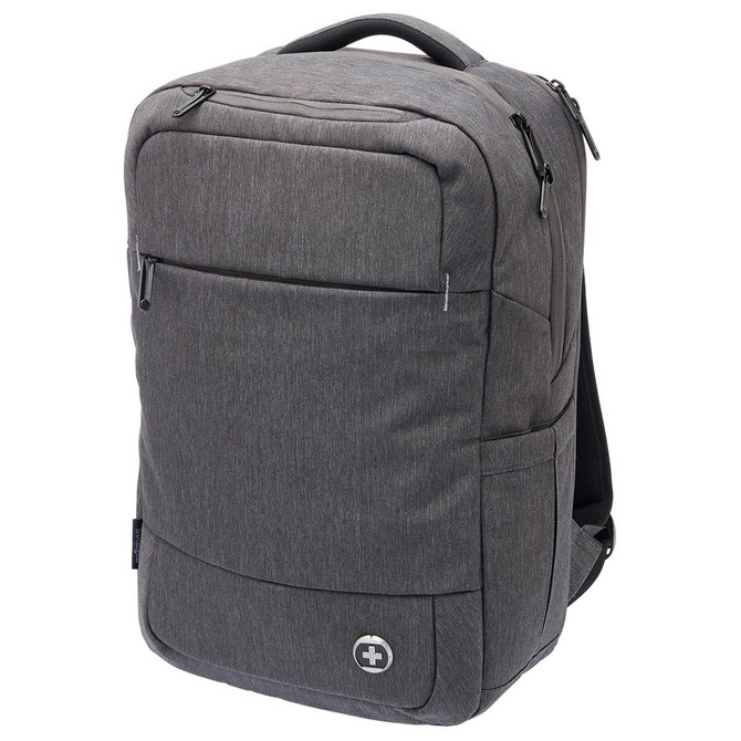 A grey backpack with multiple compartments and a logo, designed for carrying laptops.