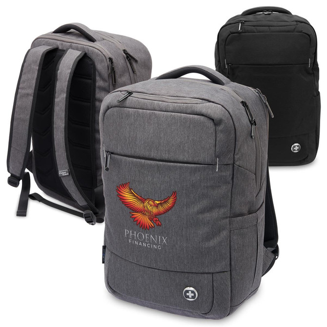 A grey Swissdigital Calibre backpack with zippers, padded straps, and a logo, featuring a design with an eagle.