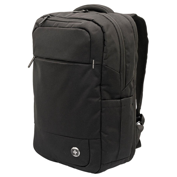 A black laptop backpack with a front pocket and side compartments, featuring a logo on the front.