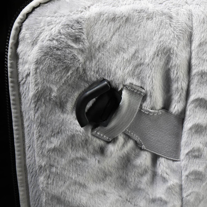 A grey laptop sleeve features a soft, plush interior and an adjustable strap with a clip attachment.