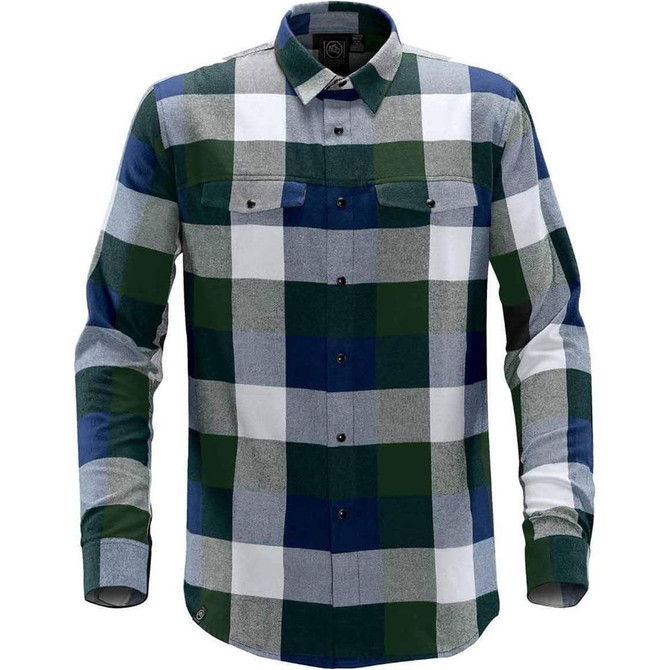 A check-patterned button-up shirt in shades of green, blue, and grey with a snap front and two chest pockets.