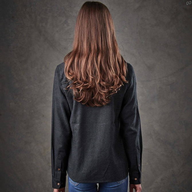 A women's long-sleeve button-up shirt in dark grey, featuring a relaxed fit and a back view with flowing hair.