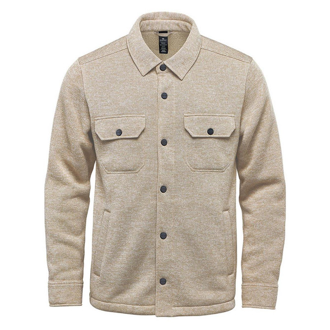 A beige unisex fleece shacket featuring a button-up front and two chest pockets, with a subtle texture.