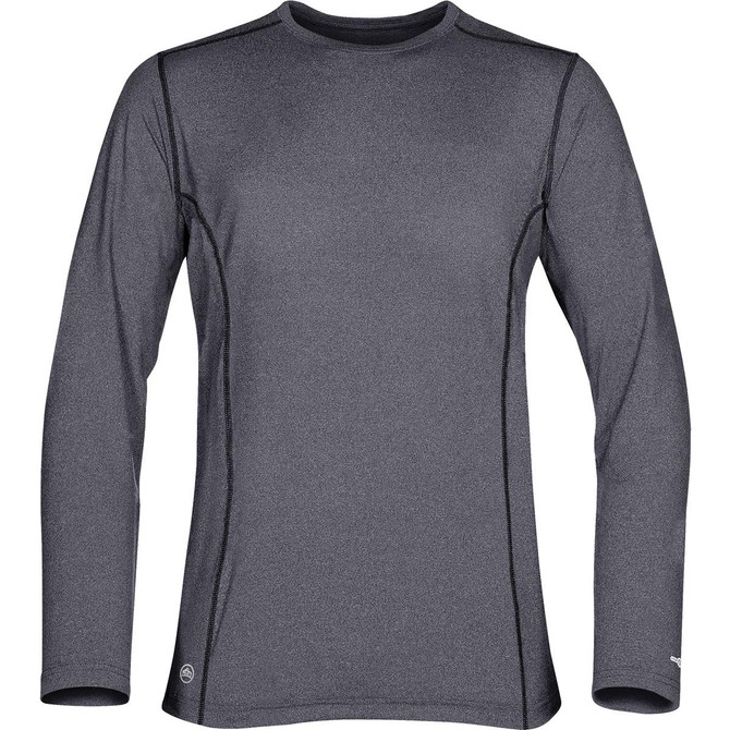 A long-sleeve women's T-shirt in dark grey with a fitted design and a small logo.
