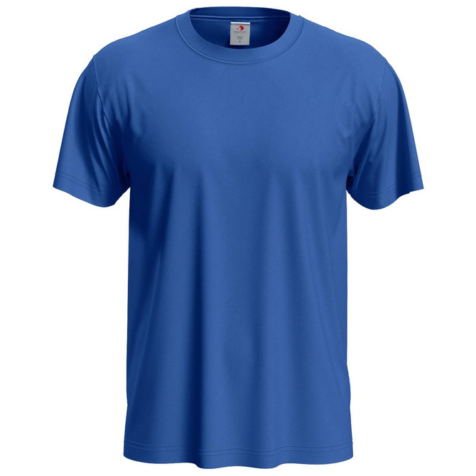 A blue men's classic T-shirt featuring a round neckline and short sleeves, with a tag inside and a logo.