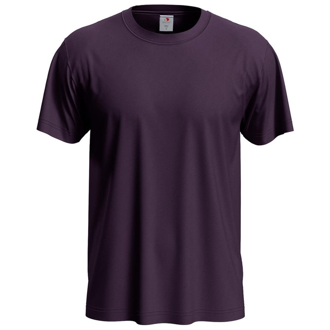 A purple men's classic t-shirt featuring short sleeves and a round neck, with a logo on the label.
