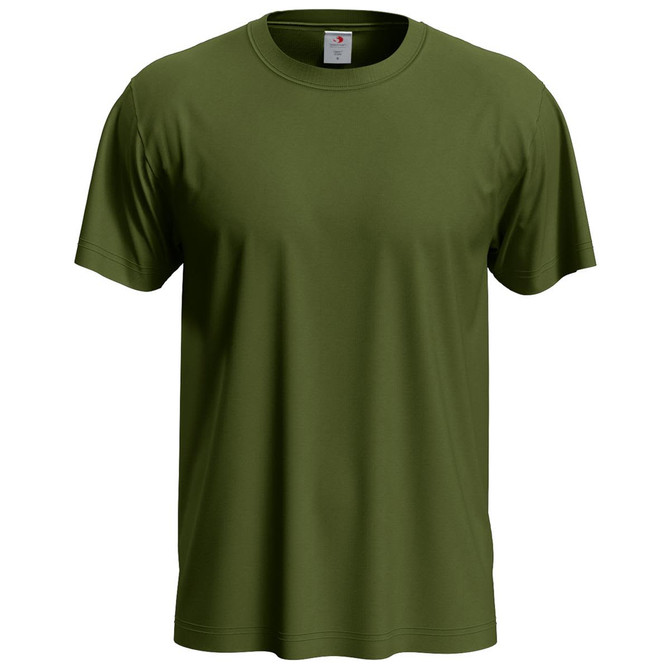 A green men's classic T-shirt featuring a round neckline and short sleeves, with a logo on the tag.