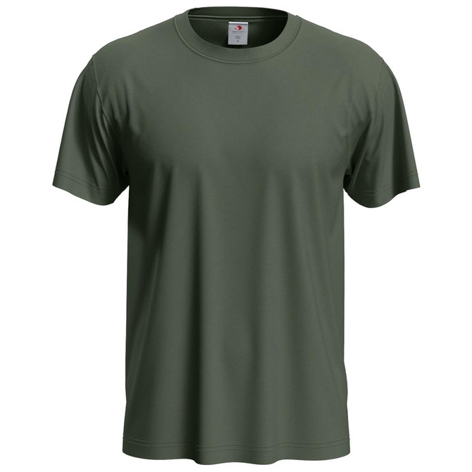 A men's classic T-shirt in olive green, featuring short sleeves and a round neckline, with a logo on the tag.