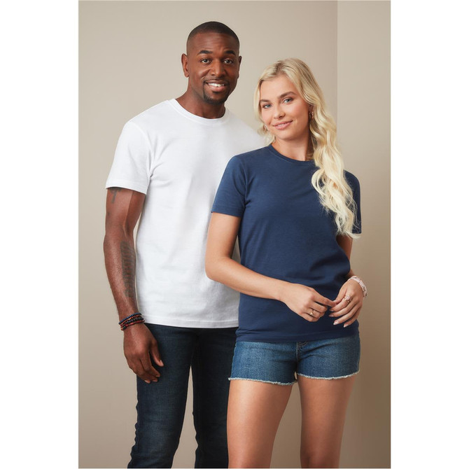 A white and navy t-shirt worn by two models, one male and one female, standing together against a neutral background.