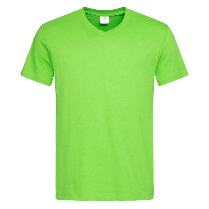A men's classic V-neck T-shirt in bright green, featuring a logo on the label.
