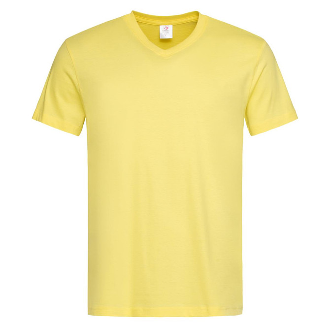 A yellow men's classic T-shirt with a V-neck and short sleeves, featuring a logo on the label.