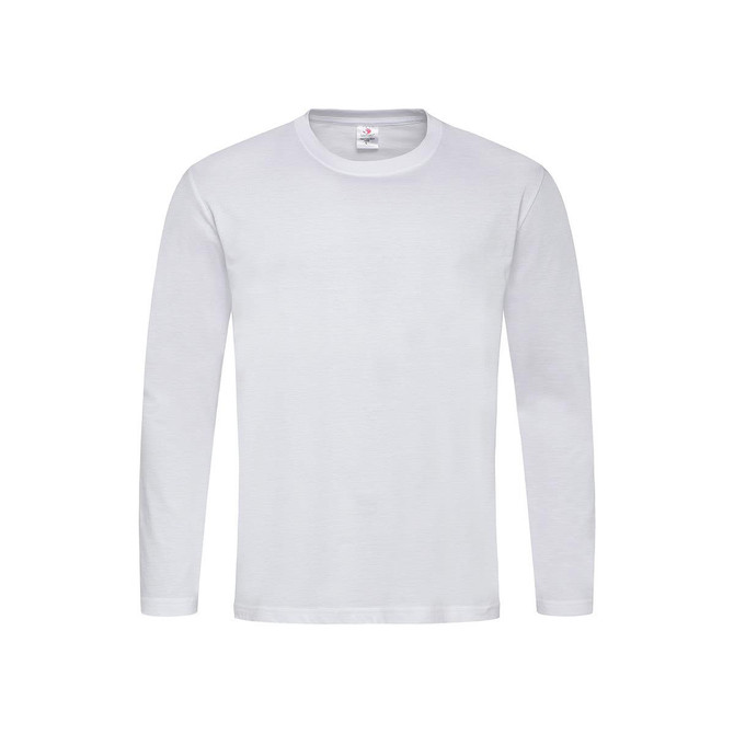 A white long sleeve t-shirt with a crew neck and a logo tag on the collar.
