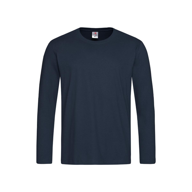 A navy long sleeve T-shirt with a round neck and a logo on the label.