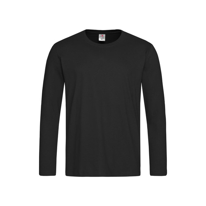 A black long sleeve T-shirt with a round neckline and a small logo on the tag.