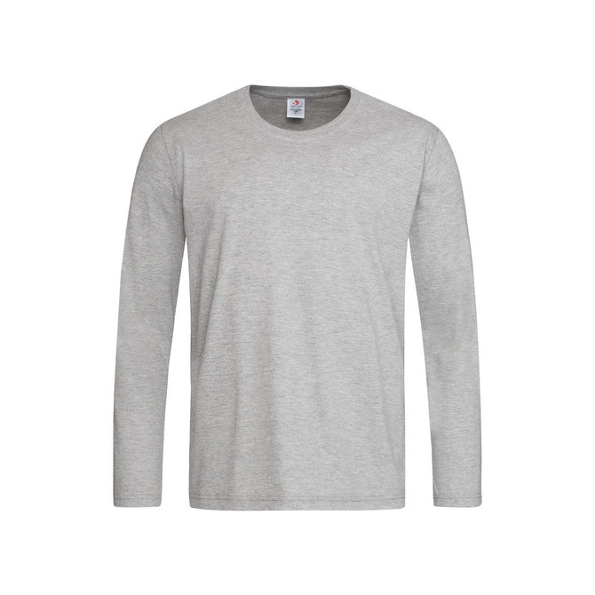 A light grey long sleeve T-shirt with a round neck and a logo on the label.