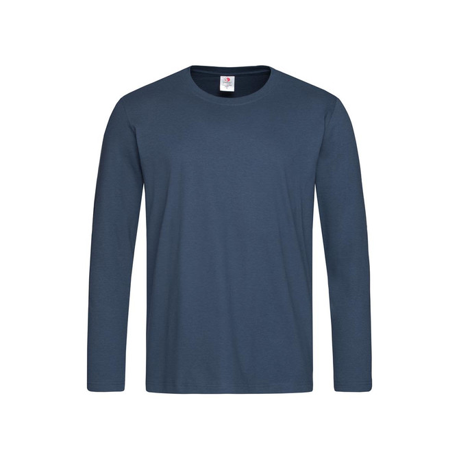 A navy blue long sleeve T-shirt featuring a classic design and a tag inside. It includes a logo on the collar.