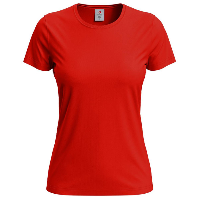 A red women's classic T-shirt with short sleeves and a plain design. It features a logo on the inside label.