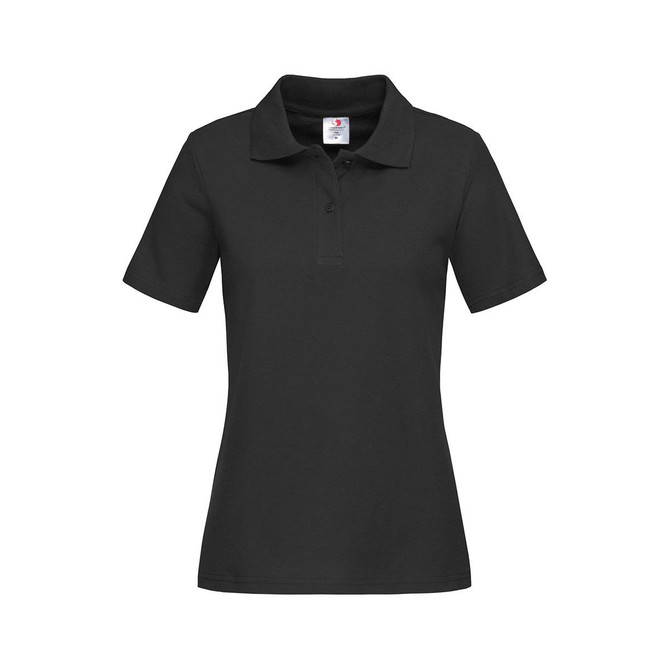 A women's heavyweight polo in black with a collar and short sleeves. It features a logo on the chest area.