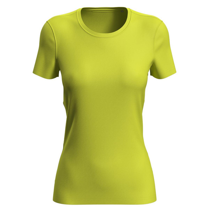 A short-sleeved women's active T-shirt in vibrant lime green, featuring a fitted design and a small logo.