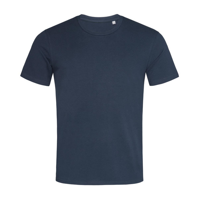 A navy blue men's crew neck t-shirt with short sleeves and a small logo on the collar.