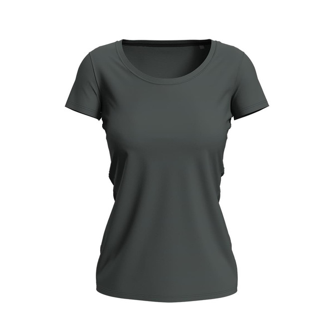 A dark green women's crew neck t-shirt with short sleeves and a fitted design. It features a logo on the garment.