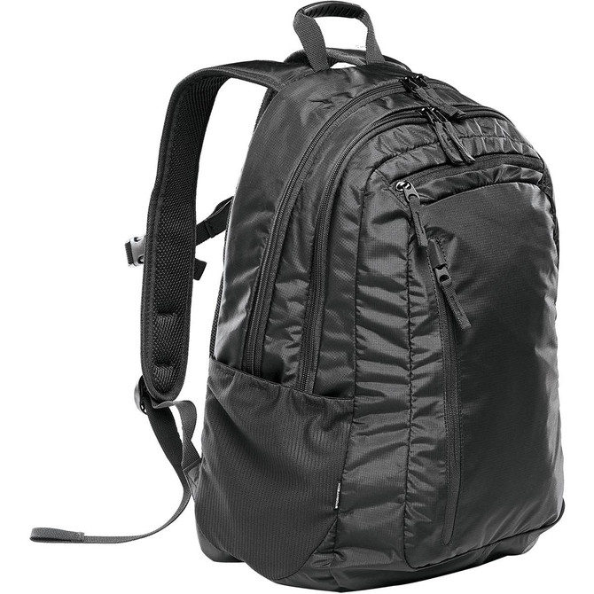 A black laptop bag with multiple pockets and adjustable straps, featuring a sleek design and a logo.