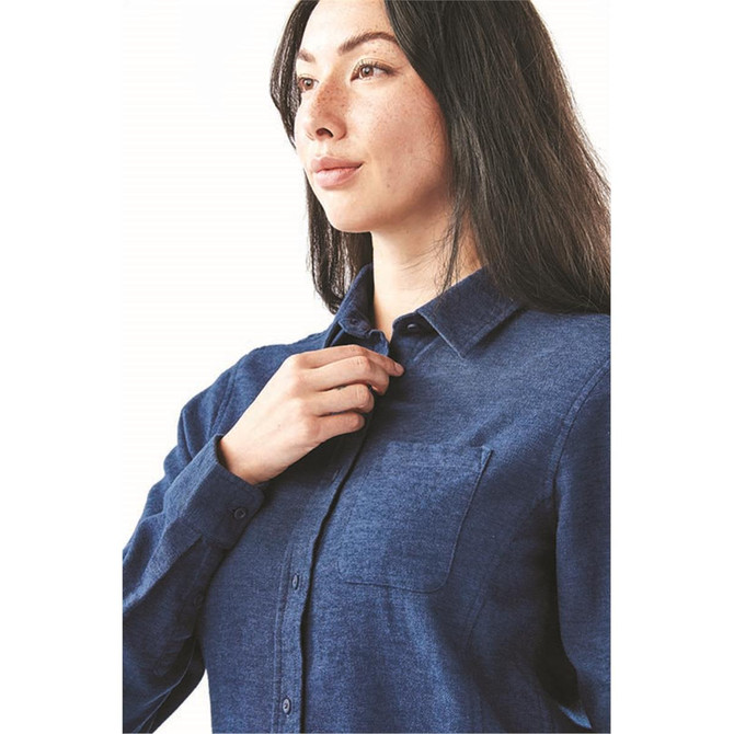 A woman's long sleeve twill shirt in navy blue, featuring a button-up design and a chest pocket.