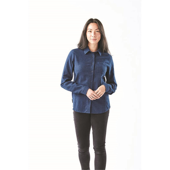A button-up shirt in navy blue with long sleeves and a collar. It features a logo and is styled on a model.