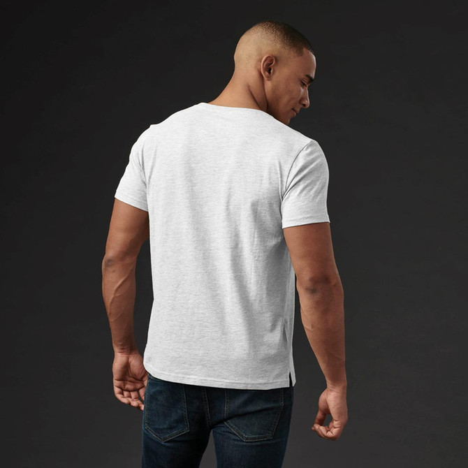 A grey crew neck t-shirt featuring a simple design and a logo, viewed from the back on a model.