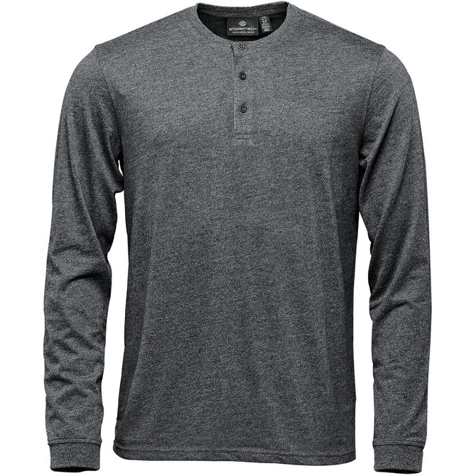 A grey long-sleeve henley shirt featuring a button placket and a logo.