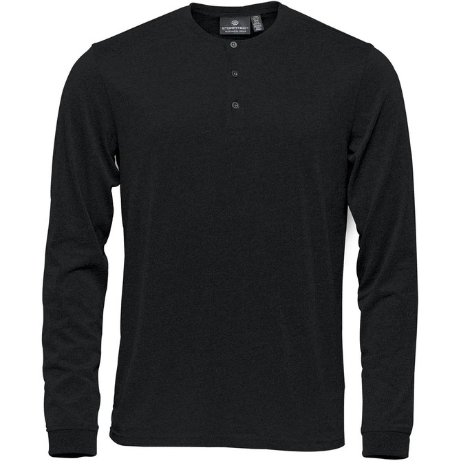 A black long-sleeve Henley shirt featuring a three-button placket and a subtle logo.
