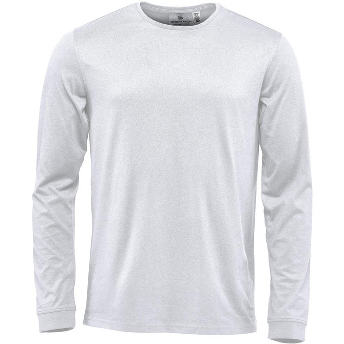 A light grey long-sleeve t-shirt with a round neckline and a logo on the label.